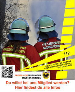 Werbeplakat zur Mitgliedergewinnung. Zwei Feuerwehrleute bei einer Riegelstellung